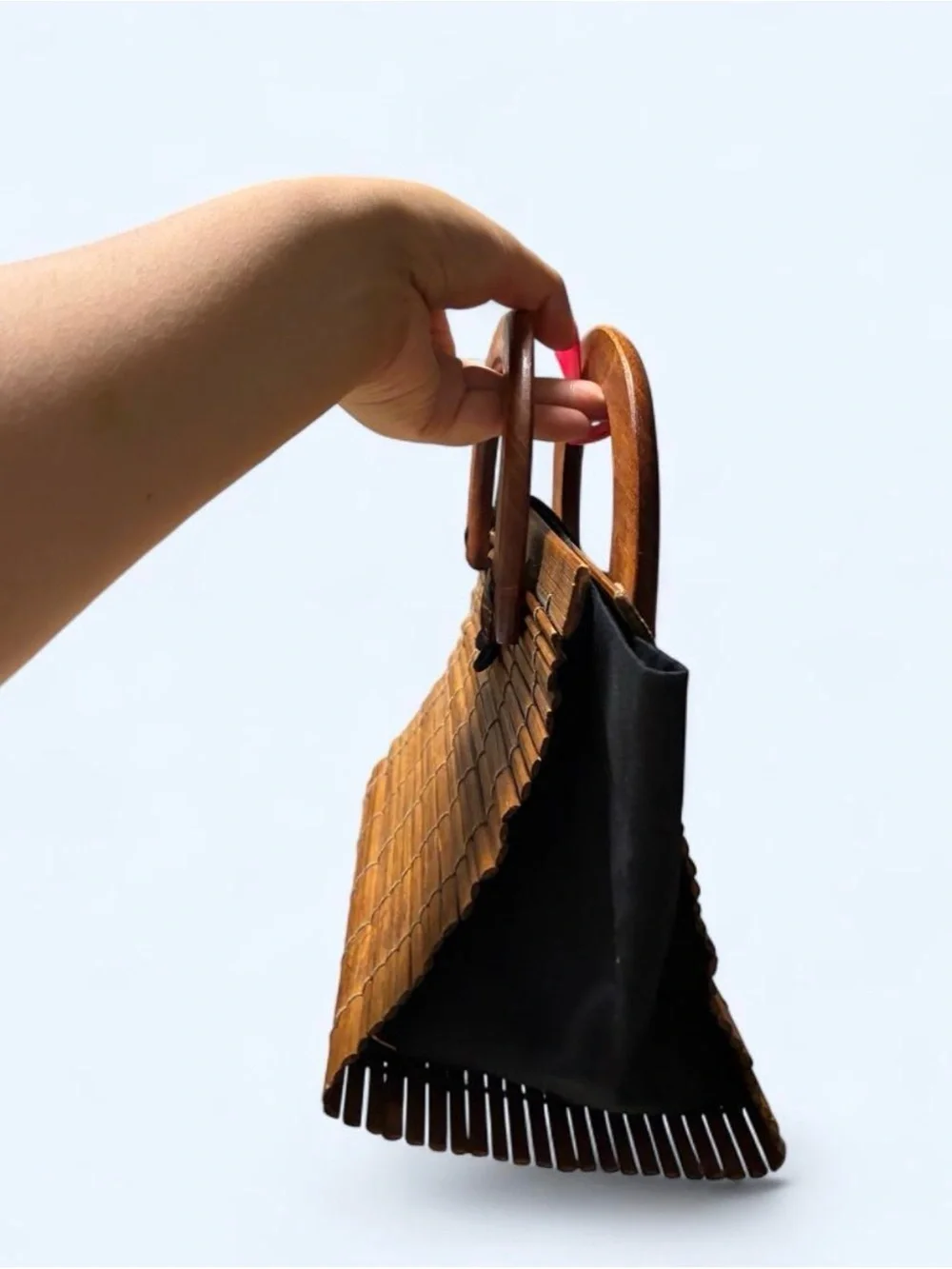 Wooden Bamboo Top-Handle Bag in Brown